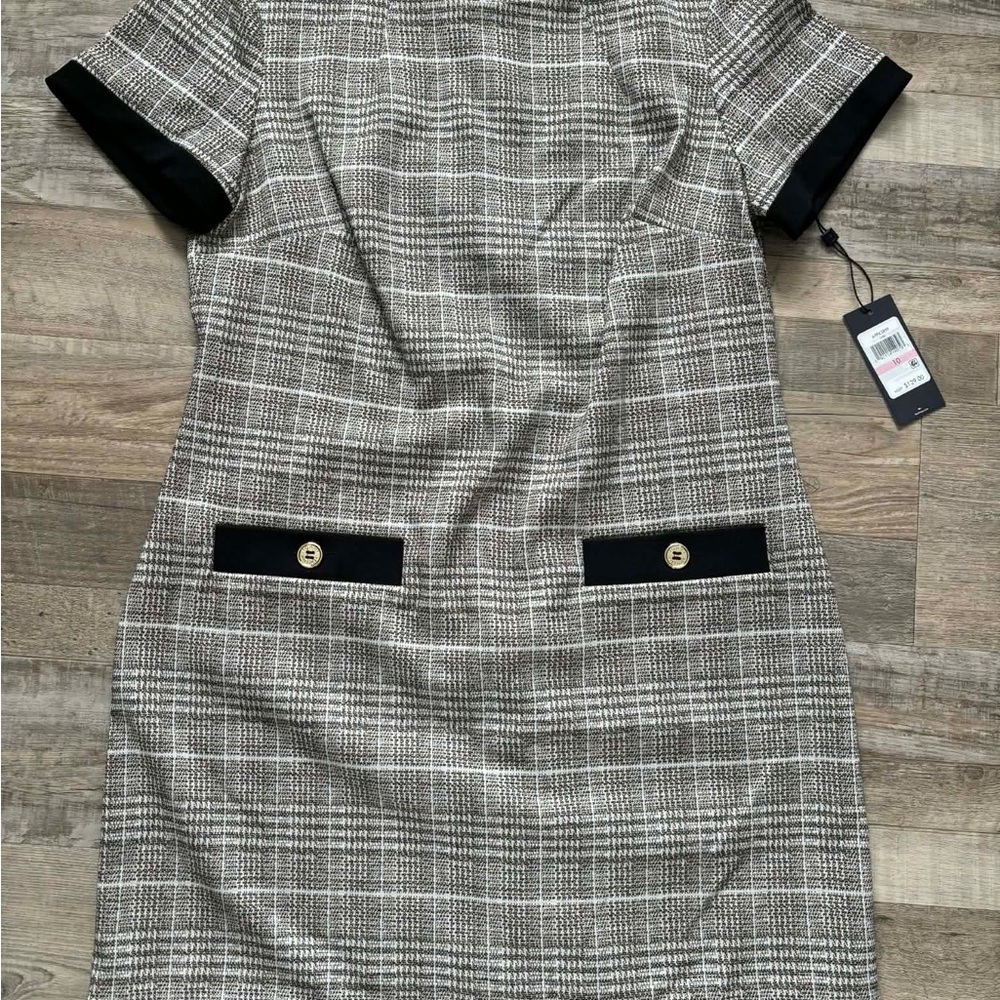 Tommy Hilfiger Black-Trim Gray Plaid Midi Dress